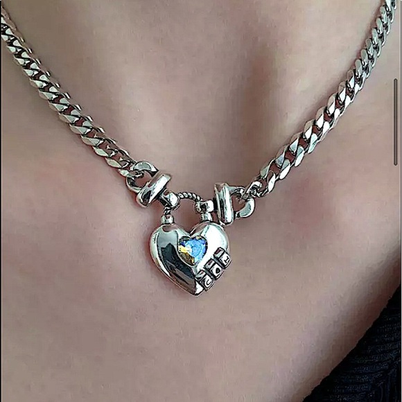 Sterling Silver Lock Padlock Zircon Chain Link Cuban Necklace - Picture 1 of 8
